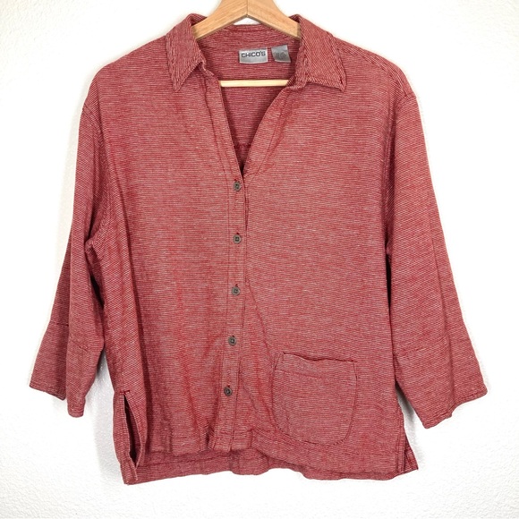 Chicos Women's Linen Shirt Red White Striped Button Down 3/4 Sleeve Size 1 - Picture 1 of 12